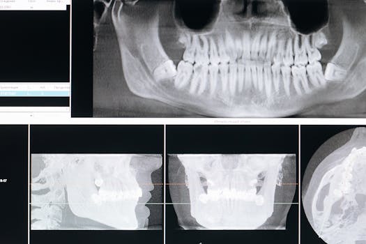 Detail image of a panoramic dental X-ray, showing teeth and jaw structure.