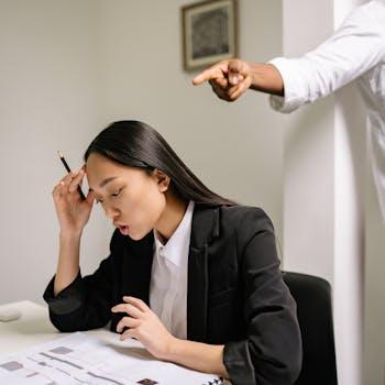 Stressed businesswoman in office with pointing hand indicating work pressure.