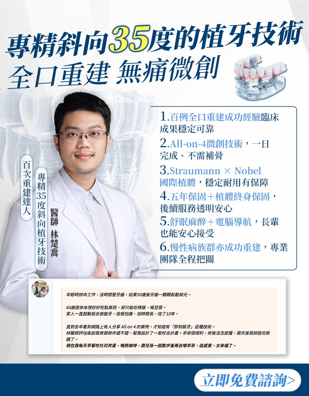 台北牙醫推薦、缺牙、全口 植牙 費用、牙齒、假牙、缺 牙、all on 4 全口重建 費用