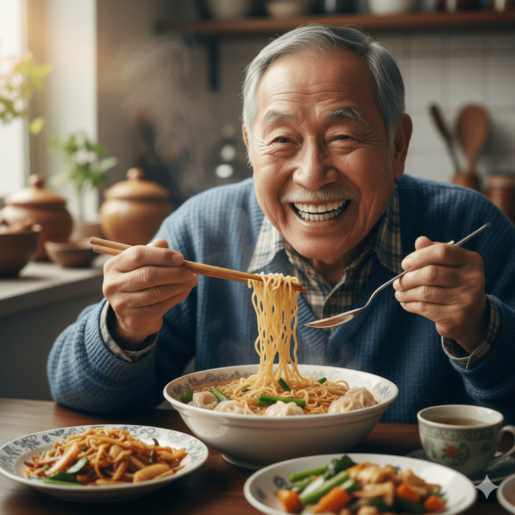 老人戴著吸附式假牙吃東西＿泉玥牙醫