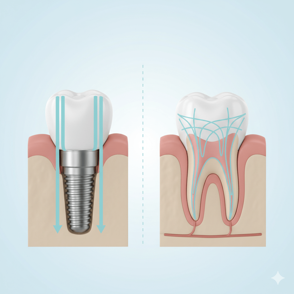 植體 vs 天然牙受力差異示意圖